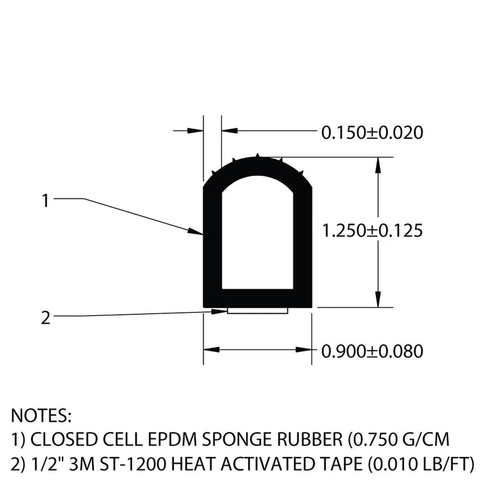 Top Bulb Rubber Seal – 0.900" x 1.250" with 3M Heat-Activated Tape